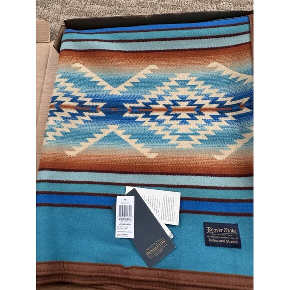 NWT Pendleton Beaver State Pagosa Springs Jacquard Robe Blanket Turquoise Box - Picture 7 of 12